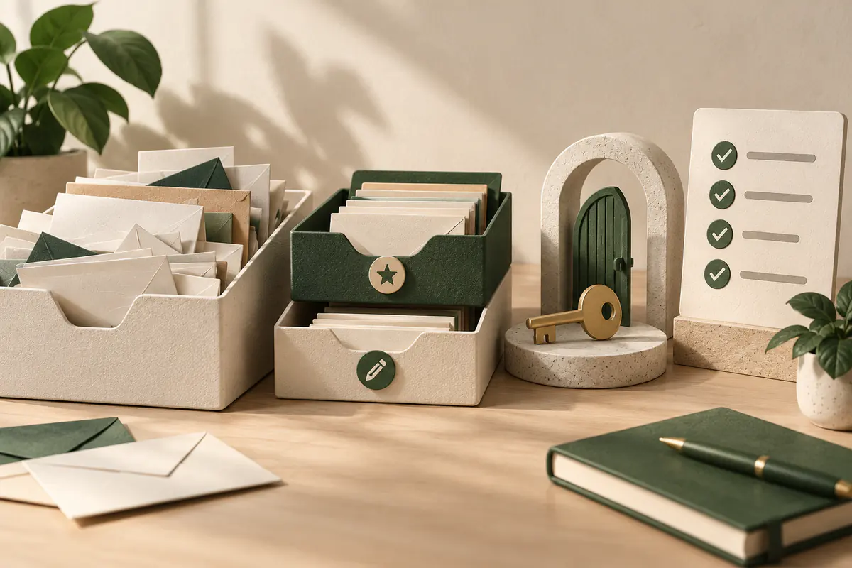 An envelope inbox being organized into neat priority and draft trays, a key and small permission gate beside a simple setup checklist, safe personal email-assistant setup.