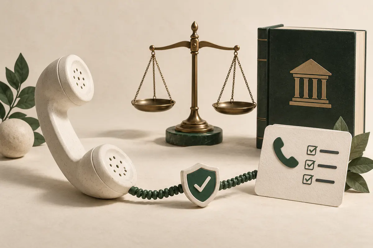 A ceramic telephone handset connected to a checked task card through a small consent shield, a legal balance scale and a plain rulebook beside it, safe calling assistance.
