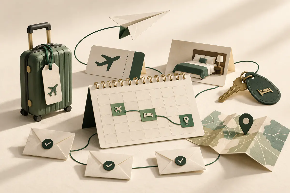 A miniature suitcase, paper airplane, hotel key and folded map linked through a calendar itinerary with confirmation envelopes, end-to-end travel-booking coordination.