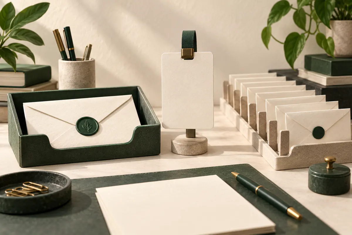 A dedicated correspondence station with a distinct blank identity card, a green-sealed envelope in its own mailbox tray and a neatly queued row of outgoing task replies.