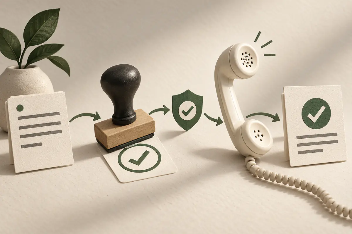 A simple paper request card leading through an approval stamp to a ceramic telephone handset and then a checked completion card, a small consent shield along the path.