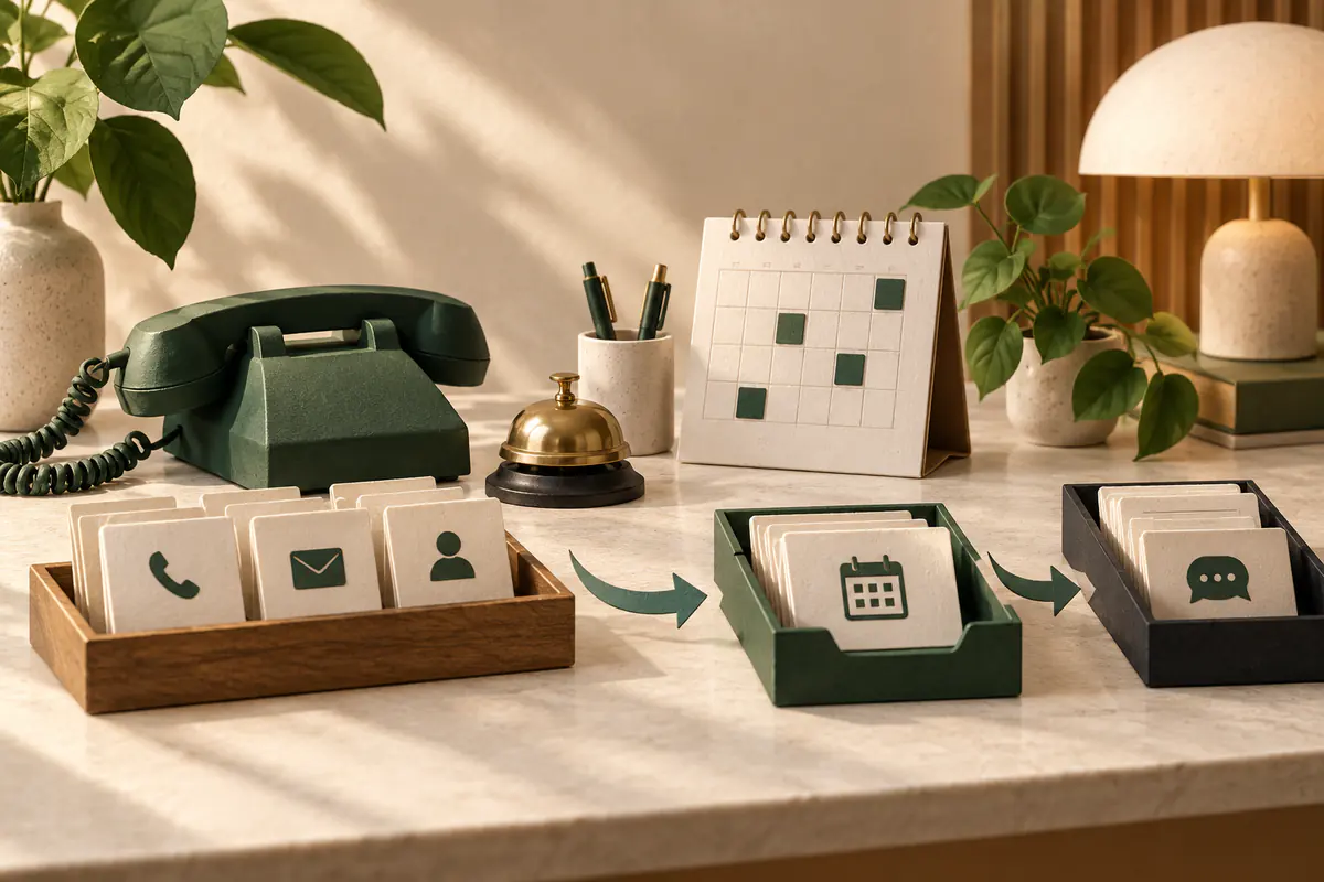 A welcoming miniature reception desk with a telephone handset, service bell and appointment calendar, incoming inquiry cards routed neatly toward booking and message trays.