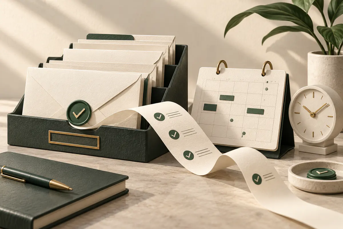 A pair of crisp paper envelopes and appointment cards arranged in a disciplined desk organizer with a small clock, green check seal and connected paper ribbon, professional email and calendar assistance.