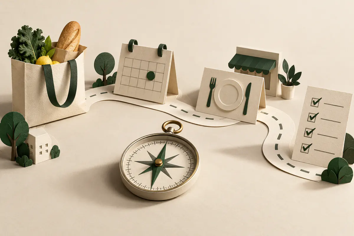 A simple errand route made from a paper path linking a shopping tote, appointment calendar, reservation card and checked list, with a compass guiding the sequence.