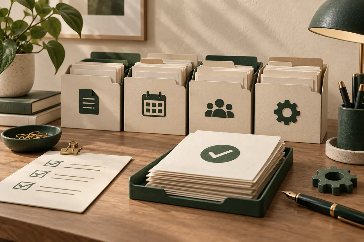 A tidy administrative desk where loose document cards are organized into labeled-by-symbol folders and checked workflows, a fountain pen and small gear tool beside the completed stack.