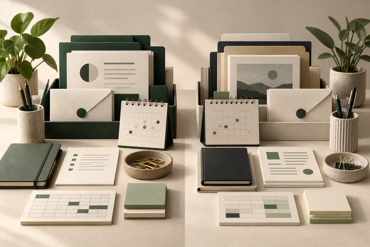 Two complementary shared-office toolkits arranged side by side, each containing envelopes calendars documents and abstract spreadsheet cards in different orderly layouts, neutral team-workflow comparison.
