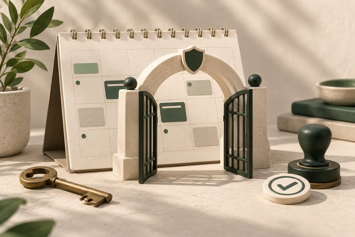 A tabletop calendar behind a small protective ceramic permission gate, a key and approval stamp beside selected appointment tiles, safe controlled calendar access.
