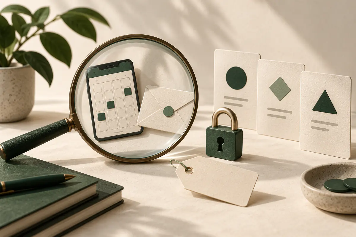 A discreet personal-assistant toolkit of phone calendar and envelope under a magnifying glass, a small protective lock and blank price tag beside alternative tool cards, evidence-based product review.
