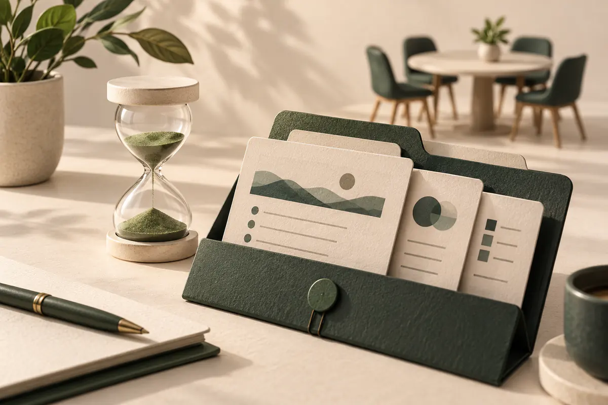A small sand timer beside a compact meeting-brief folder containing context and agenda cards, a miniature meeting table softly in the background, fast focused preparation.