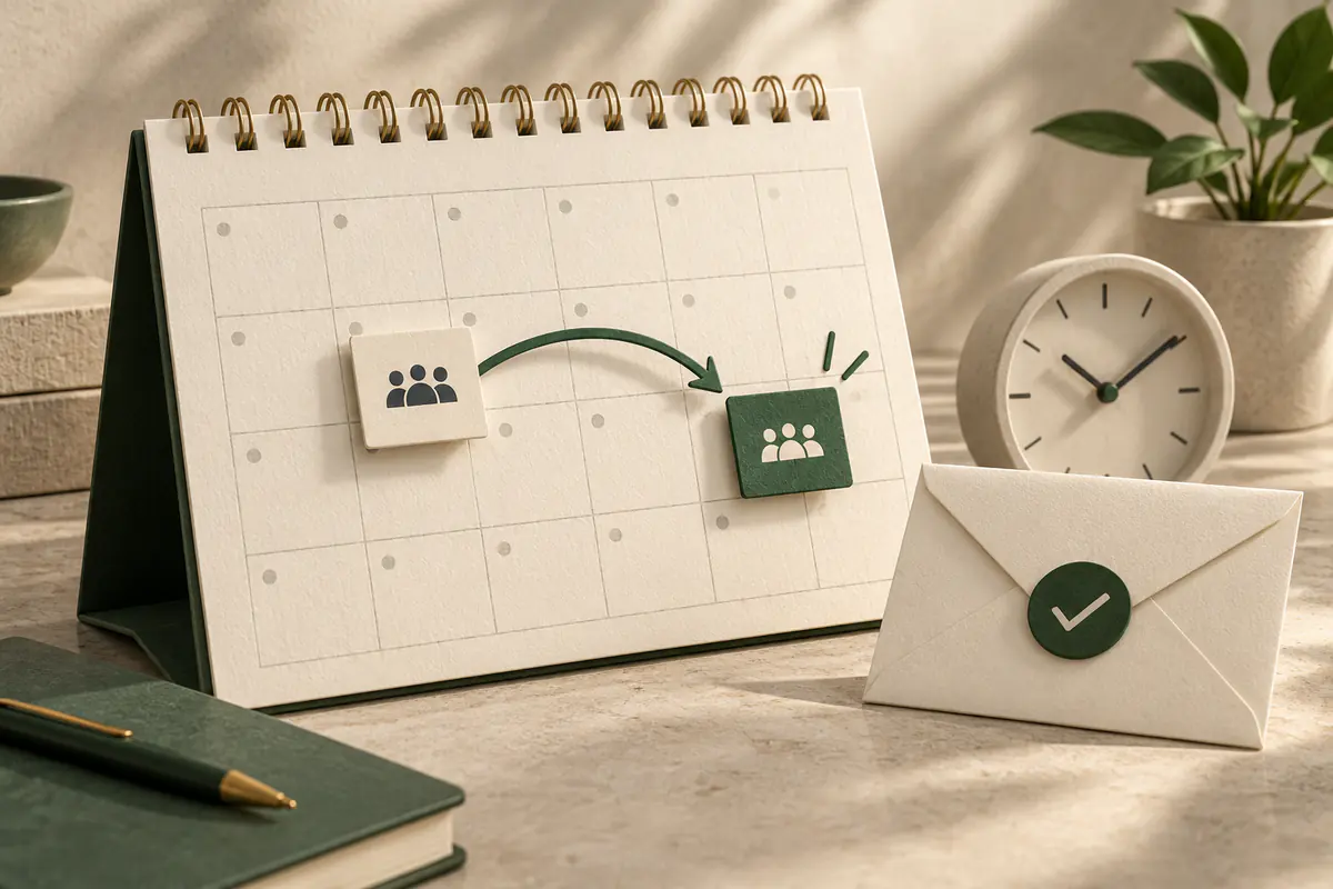 A paper calendar with a highlighted appointment tile sliding along a gentle curved arrow to a newly available day, a confirmation envelope and small clock beside it.