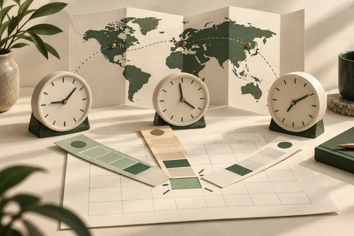 Three unnumbered clocks around a folded world map with three appointment strips overlapping at a single highlighted calendar slot, coordinating a meeting across time zones.