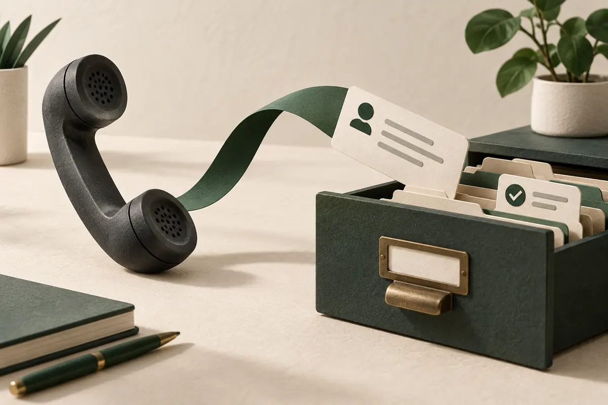 A telephone handset connected by a ribbon to a neat contact-file drawer, a fresh call-summary card sliding into the correct folder beside a checked follow-up task.